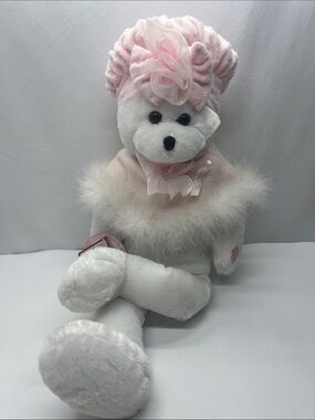 Chantilly Lane Hope White & Pink Teddy Bear with Pink Hat and Feather Trim